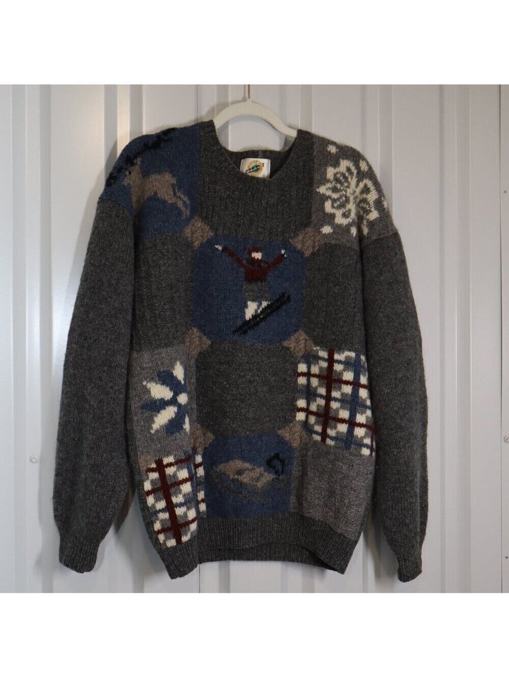 Field Gear Vintage Men's Sweater Winter Ski Theme 100% Wool Size Large Tall Gray